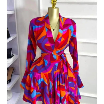 Elegant Women Tie Dye Print Flare Long Sleeve Wrap V-neck with Sashes Ruffle Dress 2026 Elegant Vacation Party Birthday Dresses