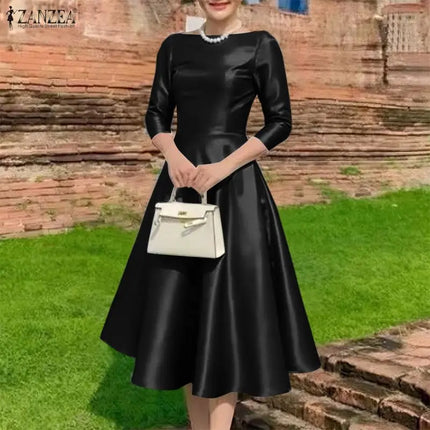 ZANZEA Elegant Satin Black Party Midi Dresses Women's Boatneck 3/4 Sleeve Fit and Flare A-Line Dress Wedding Guest Woman Clothes