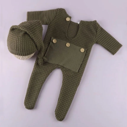 Ylsteed Newborn Photography Props Baby Bodysuits Outfit Shoot Newborn Photo Outfits Buttons Pocket Romper with Pom Sleepy Hat-HD