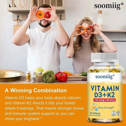 Vitamin K2+D3 Capsules - Supports Joint, Bone, and Immune System Health, Strengthens Bones, and Promotes Calcium Absorption