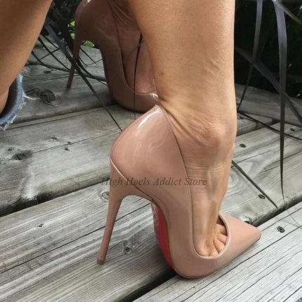 Nude Patent Leather Stilettos High Heels Red/Black Pointed Toe 8/10/12CM Big Size Pumps Luxury Designer Chic Party Shoes