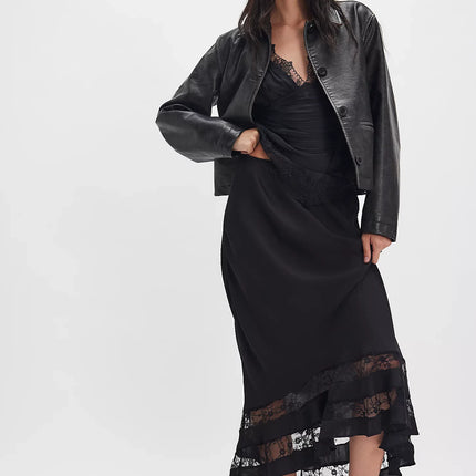 Elegant Satin Ruffle Hem A-Line Long Skirt