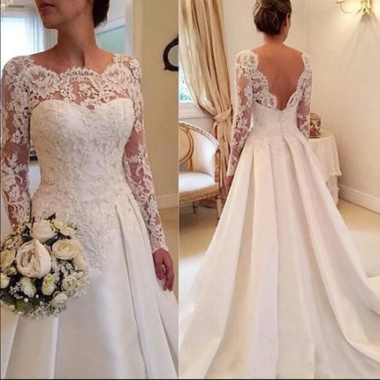 2026 New Arrival Long Sleeve Satin Lace Wedding Dress Elegant Applique Floor Length Modest Bridal Gown for Women Church Wedding