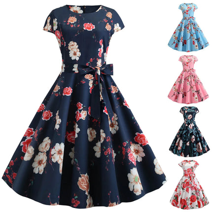 Women Summer Dress Floral Print Vintage 1950s 60s Rockabilly Party Dresses Retro Chic Short Sleeve Bow Belt A Line Vestido Mujer