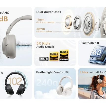 QCY H3S Over Ear Headphone Hi-Res LDAC Spatial Sound Headset H3S -56dB Adaptive ANC Wireless Earphone Bluetooth 6.0 102Hrs
