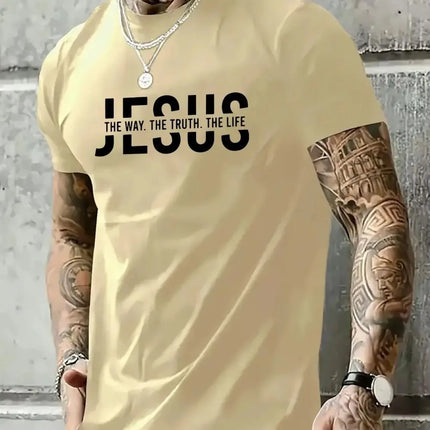 Summer men's polyester fiber casual loose round neck T-shirt Jesus Way Truth Life letter printed outdoor sports top