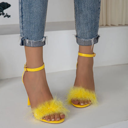 Sexy Feather High Heels Women Summer Sandals Fluffy Peep Toe Stilettos Party Pumps Fur Feather Lady Wedding Shoes Large Size