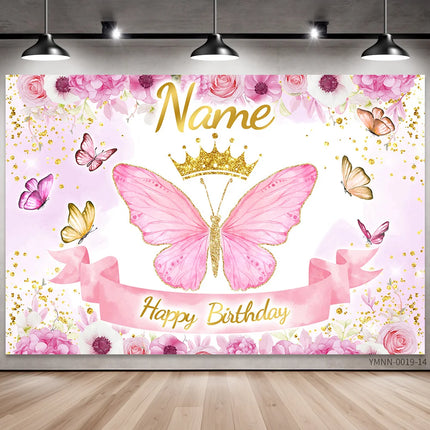 Custom Name Birthday Photo Backdrop Banner - Princess Theme Floral Butterfly Background with Glitter for Girls Party Decor