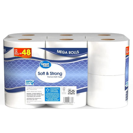 12 Mega Rolls 2‑Ply Unscented Toilet Paper, Septic‑Safe Soft & Strong Household Bath Tissue