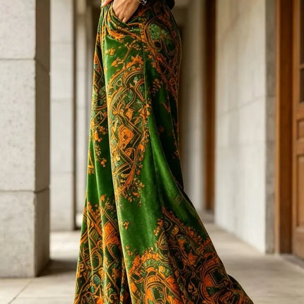 New style women's velvet wide-leg pants - high-waist, full-length, thick, soft, elastic, warm, anti-shrinkage. Green retro ethnic geometric print. Bohemian-style pocket design. Palace-style long pants suitable for festival pa