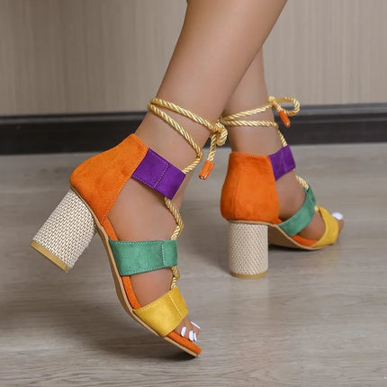 Fashion Women High Heels Sandals Designer Weave Ankle Lace Slides Sexy Open Toe Female Pumps New Trend Summer Chunky Shoes