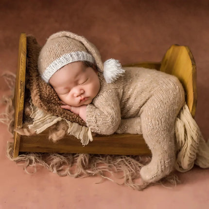 Newborn Knitted Angola Fuzzy Romper Baby Animal Outfit Photography Props Baby Cartoon Wolf Footed Overall Sets Photo Props