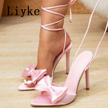 Liyke Elegant Party Wedding Prom Shoes Women Ankle Cross Strap Sandals Fashion Sexy Pointed Toe Butterfly Knot High Heels Pink