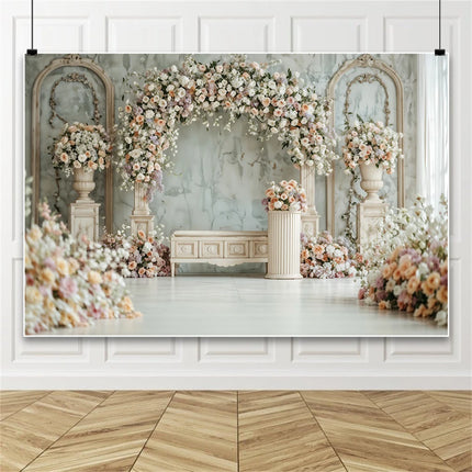European Castle Window Wedding Backdrop Elegant Pink Rose Floral Arched Wall Photography Background for Birthday Party Decor