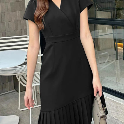 2025 ZANZEA Elegant Women V Neck Short Sleeve Work Dresses 2025 Summer Dress Stylish Solid A Line Pleated Party Vestidos Robe