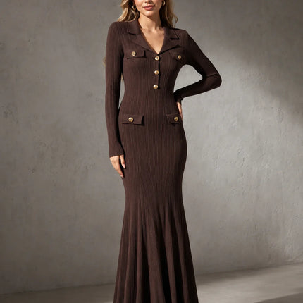 Elegant Women Lapel Knit Mermaid Maxi Dress, Long Sleeve Gold Decor Button Ribbed Bodycon Dress, Business Casual Wedding Guest Evening Party Gown
