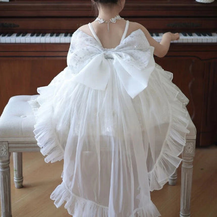 Girls' New Summer  Lace Strap Floral Bow Trailing Princess Dress