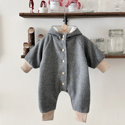 Winter Hooded Romper Long Sleeve Solid Color Jumpsuit For Infant Boys And Girls Knitted Long Playsuit