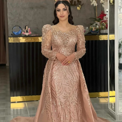 Customized Arabic Wedding Party Dresses with Detachable Train Beaded Long Sleeves Evening Gowns Formal Special Occasion Gowns