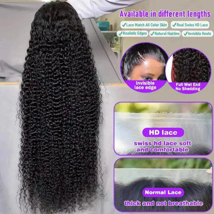 Jerry Curly Human Hair Wig Natural Black Wide & Daily HD Lace 5x5 Long 16-42 Brazilian Virgin Hair Pre Plucked Undetectable Hairline Inch For Daily Hairstyle