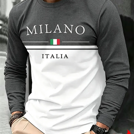 Italia Milano Letter Pattern Print Men T-Shirt Fashion Spring and Autumn Long Sleeve Casual Top Male O-Neck Loose Streetwear Tee