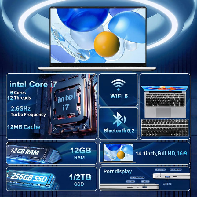 14.1 inch Portable Laptop Computer Intel Core i7-9850H/Atom A3950 Notebook 12GB RAM 1TB M.2 SSD Windows 11 Office Study Computer