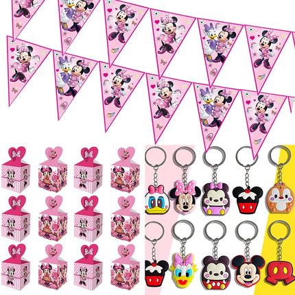Minnie Birthday Party Decoration Banner Candy Boxes Keychain Minnie Donald Duck Triangle Pennant Flag Streamer Favor Bags Gifts