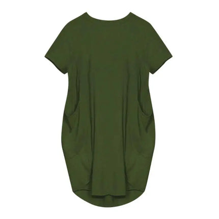 Plus Size Women Short Sleeve O-Neck Loose Casual Dresses Casual Short Sleeve Shirt Mini Dresses Round Neck Pockets Sexy Female T