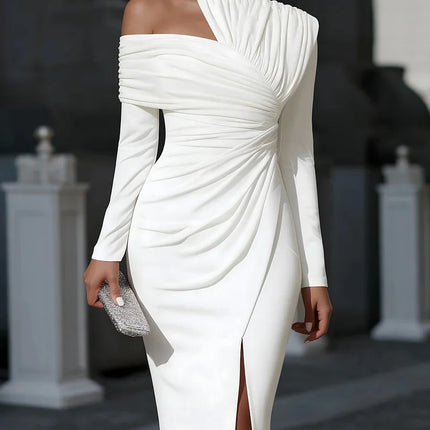 Women's Asymmetric Off Shoulder Dress High Neck Cutout Long Sleeve Ruched Waist Front Slit Dresses Elegant Wedding Guest Outfit