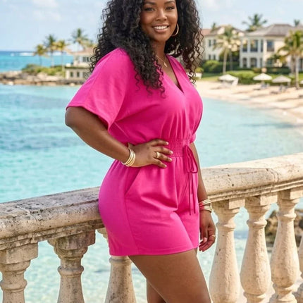 Plus Size V Neck Short Sleeve Jumpsuit For Women Elastic Waist Daily Holiday Street Going Out Casual Romper