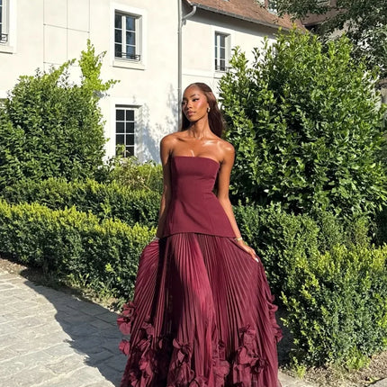 Elegant Banquet Strapless Maxi Dress 3D Floral Pleated Train Hem Waist Tie Solid Gown Luxury Flowy Sleeveless Gala Party Outfit