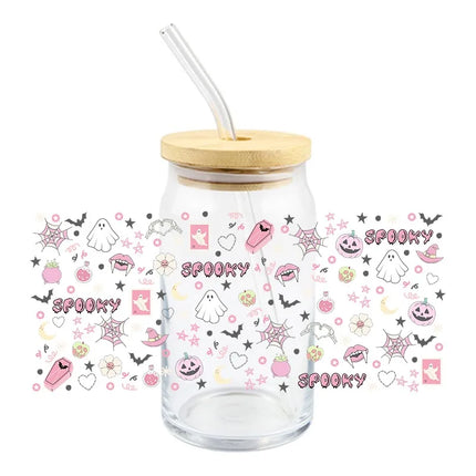 Halloween UV DTF 3D Ghost Design Transfer Sticker Wraps Cup Libbey Glass Cup 16 oz Waterproof Decals DIY Cartoon