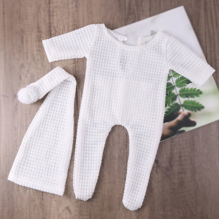 Ylsteed Newborn Photography Props Baby Bodysuits Outfit Shoot Newborn Photo Outfits Buttons Pocket Romper with Pom Sleepy Hat-HD