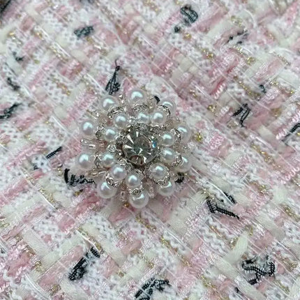 Spring Summer New Fashion Pink Tweed Handmade Beaded O Neck Dress Women Elegant Short Sleeve Slim Robe with Sashes Ladies 2025