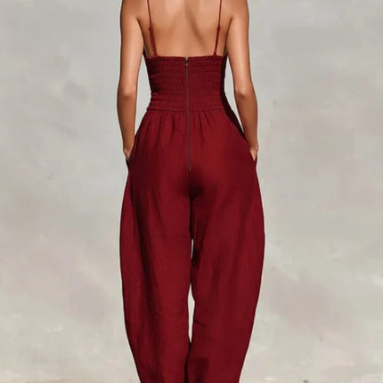 Elegant Sexy V-Neck Spaghetti Strap Jumpsuit Women High Waist Wide Leg Casual Romper Spring Boho Solid Backless Pockets Overalls