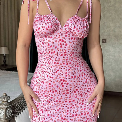 2025 Summer Floral Midi Dress Women Spaghetti Strap Tie-up V-neck Split Dress Sexy Vintage Elegant Dresses Female