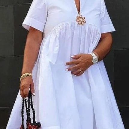 Women Short Sleeve V-Neck Pleated Midi Dresses 2026 New Loose Casual Minimalist Summer Cotton A-line Dress
