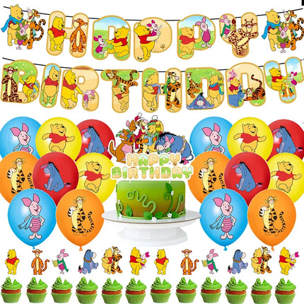 Winnie The Pooh Balloons Happy Birthday Banner Decoration Yellow Bear Party Supplies Backdrop Cake Topper Disposable Tableware