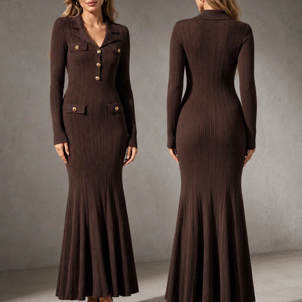 Elegant Women Lapel Knit Mermaid Maxi Dress, Long Sleeve Gold Decor Button Ribbed Bodycon Dress, Business Casual Wedding Guest Evening Party Gown