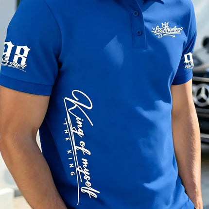 European and American Men's Summer Golf Los Angeles Letter Print Soft Breathable Polo Short Sleeved T-Shirt Outdoor Casual Top
