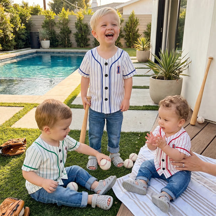 Baby Clothing Boy 1st Birthday Outfit Letter Stripe Button up Short Sleeve Baseball Jersey for Toddler Baby Summer Clothes