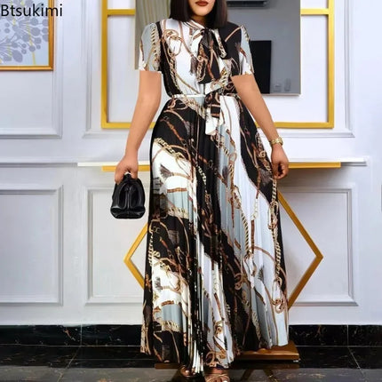 Fashionable and Elegant Print Pleated Long Dresses for Women Oversized Short-sleeved Ladies Temperament Maxi Dress Evening Gowns