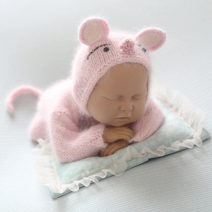 Newborn Knitted Angola Fuzzy Romper Baby Animal Outfit Photography Props Baby Cartoon Wolf Footed Overall Sets Photo Props