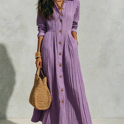 Women Crinkle Solid Maxi Dress Lapel Collar Button Cardigan Long Sleeve Pocket Flowy Dress Fall Beach Travel Casual A-Line Dress