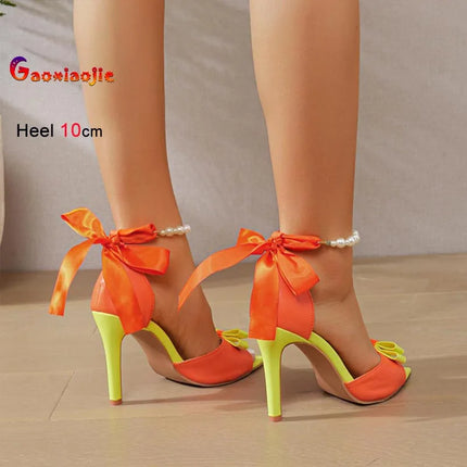 2026 Fashion Super High Heels Women's Sandals Sexy Stiletto Casual Versatile Lady Sandals Summer Color Blocked Bow Ladies Shoes