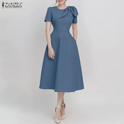 ZANZEA Women's Elegant Fit and Flare Party Dresses Bow Detail O-Neck Short Sleeve Wedding Guest A-Line Midi Dress Woman Clothes