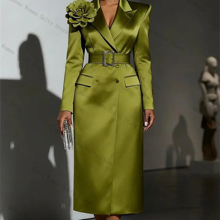 Green Satin Women Suit 1 Pcs Long Blazer Prom Dress Belted 3D Flower Formal Office Lady Jacket Customized Guest Wedding Coat