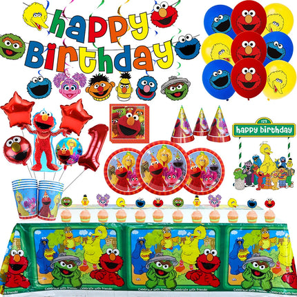 Cartoon Sesames  Street Birthday Party Decor Elmo and Friends Theme Tablecloth Plate Balloon Set Cake Decor Baby Shower