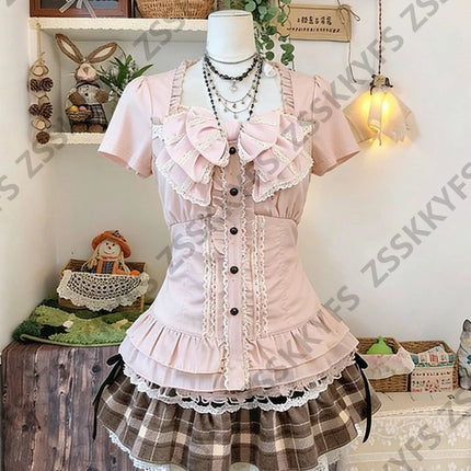 Summer Women's Casual Dresses Japan Sweet Fashion Y2k Lolita Dresses 3-Piece Set 2000s Clothes Vintage Vest Bow Sexy Skirt Party