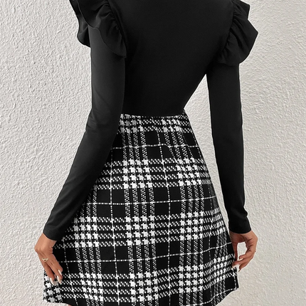 Women Fashion Plaid Patchwork Ruffle Shoulder Long Sleeve High Waist Slim Fit O-Neck Elegant Ladies Mini Dress for Summer&Autumn